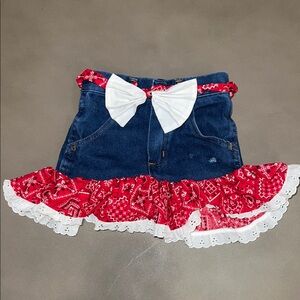 Rustler Denim Skirt - Red Bandana  Paisley Trim, Lace, Bow Belt-Western Cowgirl